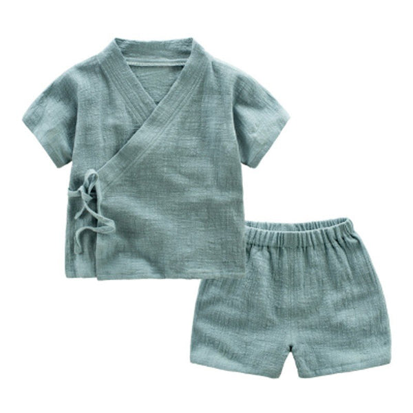 GREEN / 2T - COOTELILI Cotton Linen Summer Children Clothing Sets Toddler Kids Boys Clothes Sets Breathable Tops + Shorts For Boys 90-130cm