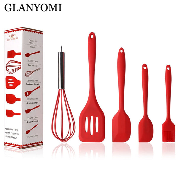 [variant_title] - 5Pcs/Set Pink or Red Silicone Cooking Tool Sets Egg Beater Spoon Spatula Oil Brush Kitchenware Kitchen Utensils Sets with Box