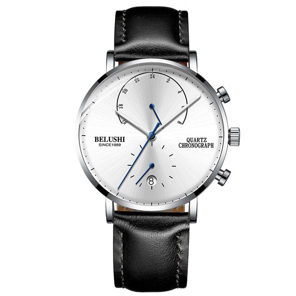 leathersilverwhite - BELUSHI Fashion Quartz Watches Men Top Brand Ultra-thin Leather Men Watch Waterproof Male Auto Date Clock Relogio Masculino
