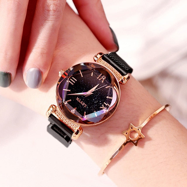 Black - Luxury Women Watches Fashion Elegant Magnet Buckle Vibrato Purple Ladies Wristwatch 2019 New Starry Sky Roman Numeral Gift Clock