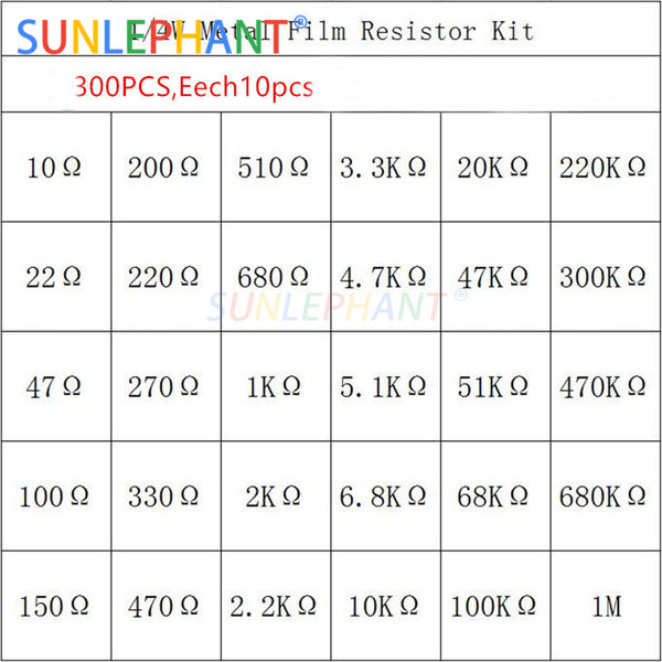 [variant_title] - 1 Pack 300Pcs 10 -1M Ohm 1/4w Resistance 1% Metal Film Resistor Resistance Assortment Kit Set 30Kinds*10pcs=300PCS