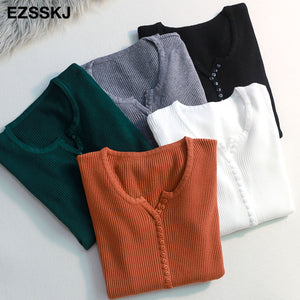 casual Autumn spring Basic Sweater pullovers Women v-neck Solid Knit Slim Pullover female Long Sleeve warm button Sweater