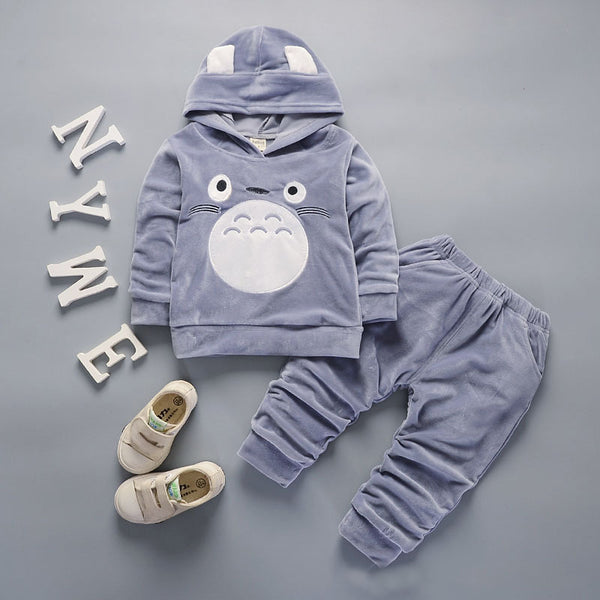 Gray / 18M - Fashion Children Boys Girls Cartoon Clothing Suits Baby Velvet Hoodies Pants 2Pcs/Sets Kids Winter Clothes Toddler Tracksuits