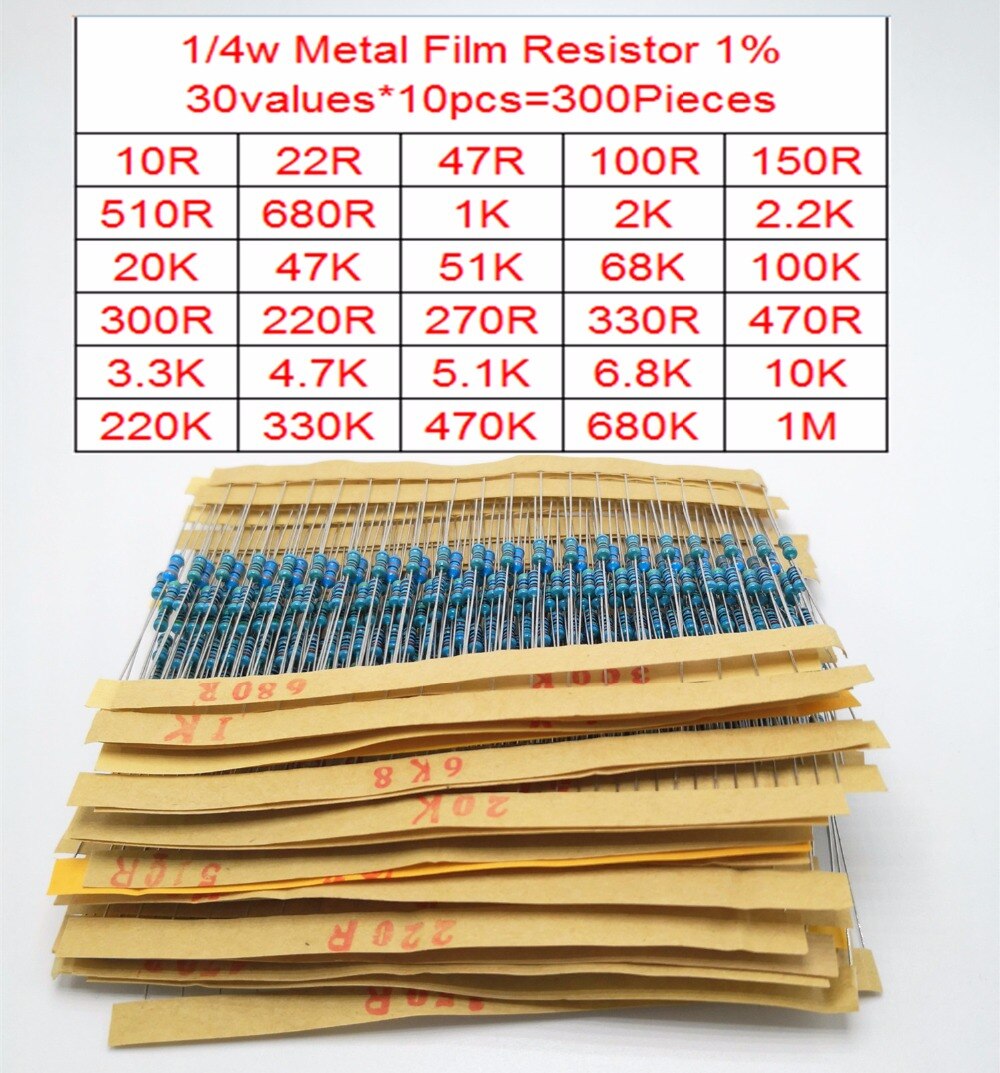 Default Title - 300Pcs/locs 30Values resistor Pack 1/4w Resistance 1% Metal Film Resistor Resistance Assortment Kit Set 30 kinds Each 10Pcs