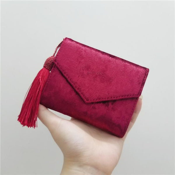 Red - Retro Velvet Envelope Tassel Small Women Wallet Trifold Mini Women Clutch Purse Brand Short Designed Ladies Wallet Card Holders