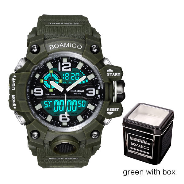 green with box - Men Sports Watches BOAMIGO Brand Digital LED Orange Shock Swim Quartz Rubber Wristwatches Waterproof Clock Relogio Masculino