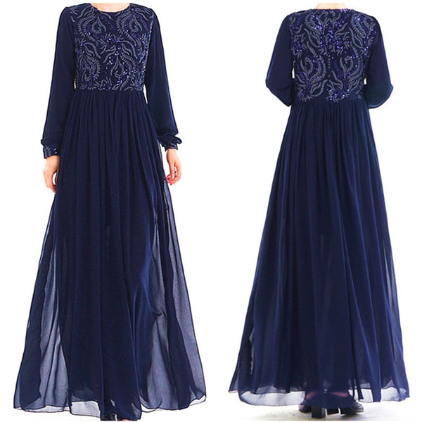 Blue / L - Islamic Women's Embroidered Chiffon Abayas Muslim Long Sleeve Fashion Dress Arabic Dubai Turkish Women Clothing