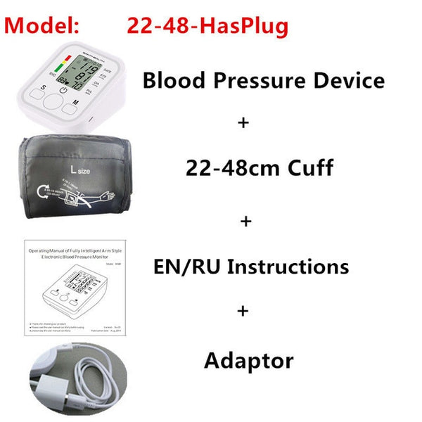 B02-22-48-HasPlug - Automatic Digital Arm Blood Pressure Monitor BP Sphygmomanometer Pressure Gauge Meter Tonometer for Measuring Arterial Pressure