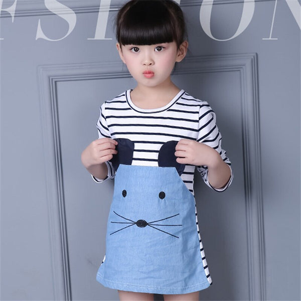 [variant_title] - Striped Patchwork Character Girl Dresses Long Sleeve Cute Mouse Children Clothing Kids Girls Dress Denim Kids Clothes