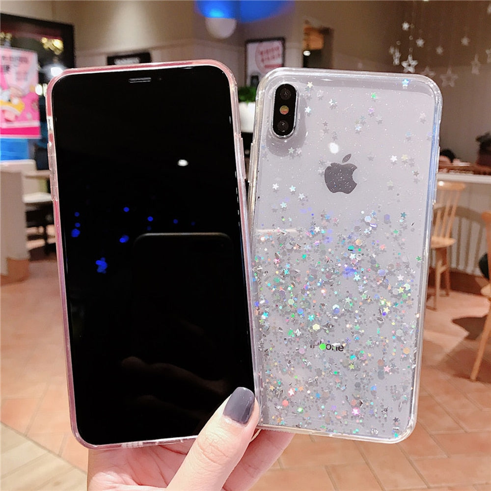 Heyytle Glitter Bling Sequins Case For iphone 8 7 Plus 6 6s Epoxy Star Transparent  Case For iphone X XR XS MAX 10 Soft TPU Cover White / For iPhone Xs MAX
