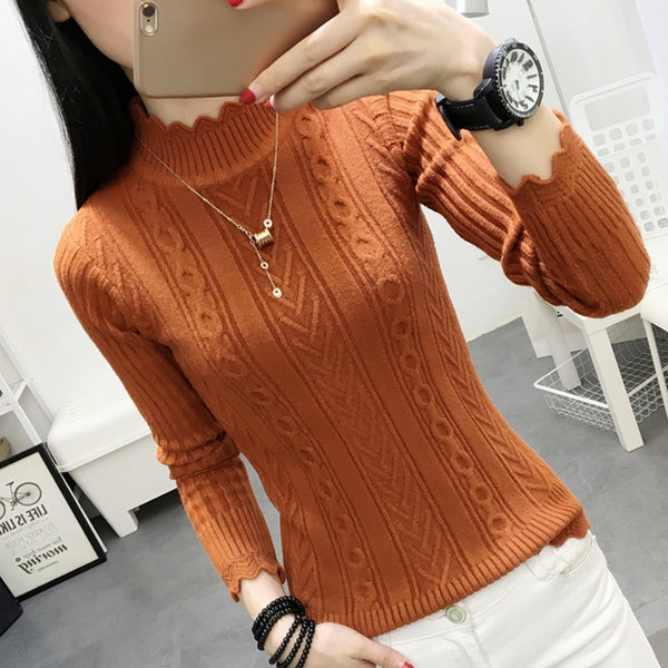 Korean winter sweater female half turtleneck sleeve head bottoming Shirt Short slim slim knit thickened solid twist