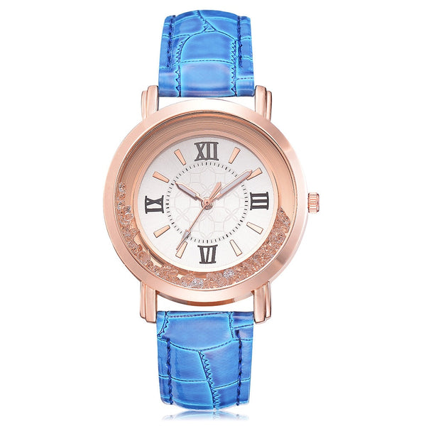 Blue - New ladies watch Rhinestone Leather Bracelet Wristwatch Women Fashion Watches Ladies Alloy Analog Quartz relojes @F