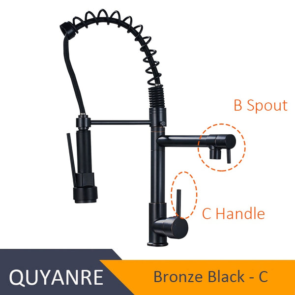 ORB GUANG - Blackend Spring Kitchen Faucet Pull out Side Sprayer Dual Spout Single Handle Mixer Tap Sink Faucet 360 Rotation Kitchen Faucets