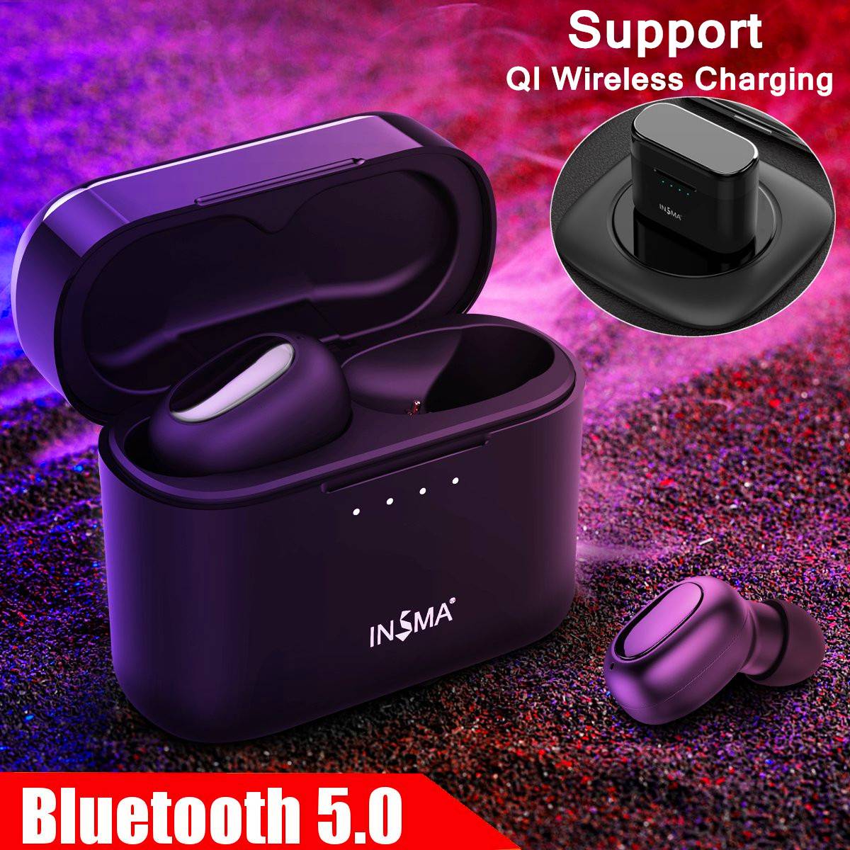 Default Title - INSMA AirBuds  with QI Charging Case Mini TWS Earphone bluetooth 5.0 Earbuds Hi-Fi Stereo Wireless Headset Black