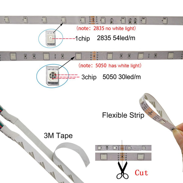 [variant_title] - LED Strip Light RGB 5050 SMD 2835 Flexible Ribbon fita Led RGB Stripe 5M 10M 15M Tape Diode DC 12V+ Remote Control + Adapter EU
