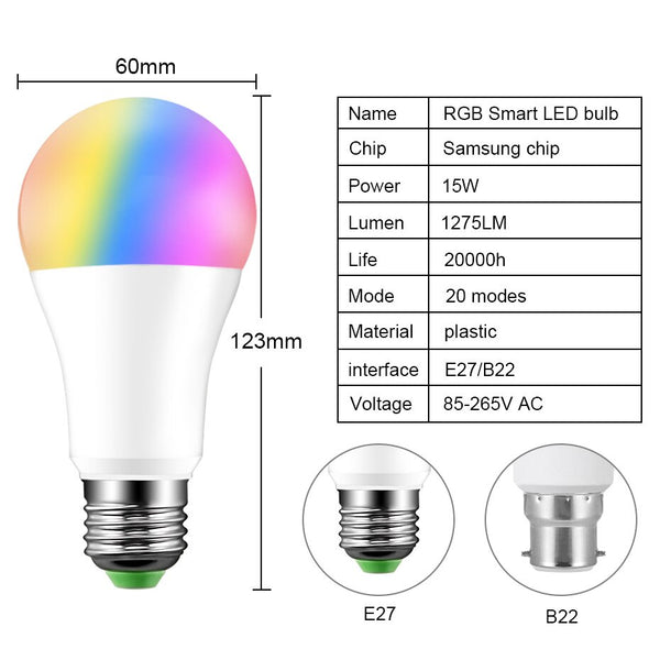 [variant_title] - 20 Modes Dimmable E27 RGB LED Smart Bulb 15W Bluetooth Magic Lamp RGBW RGBWW Smart Lamp B22 Music Control Apply to IOS /Android