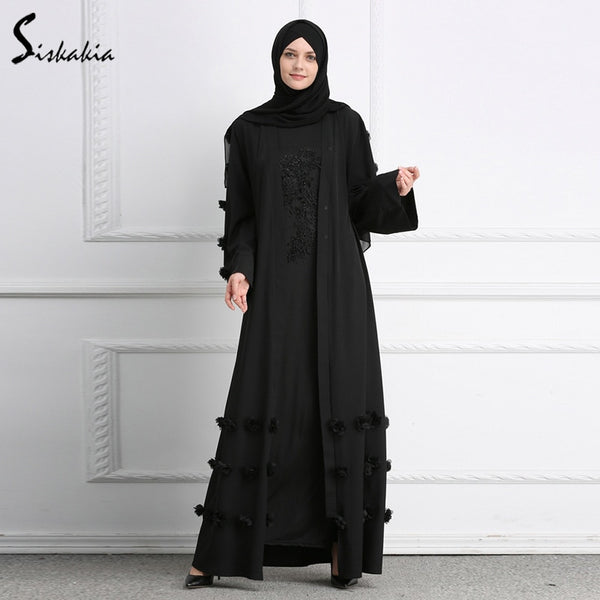 Black abaya / L - Siskakia Muslim Woman Abaya solid 3D flower Design Cardigan Robes Brief Elegant Muslimah Ramadan Prayer clothing slim sash Tunic