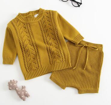 yellow as pic / 12M - Winter Baby Girl Clothes Set Knitted Boys Set Sweaters+Shorts 2pcs Kids Clothing Girls Cotton Knitted Suits 2019 Spring New