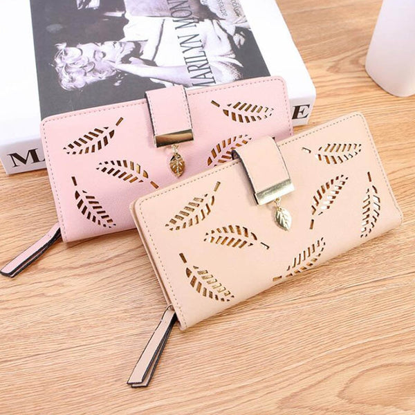 [variant_title] - Women Wallet PU Leather Purse Female Long Wallet Gold Hollow Leaves Pouch Handbag For Women Coin Purse Card Holders Clutch