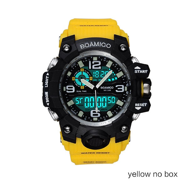 yellow no box - Men Sports Watches BOAMIGO Brand Digital LED Orange Shock Swim Quartz Rubber Wristwatches Waterproof Clock Relogio Masculino