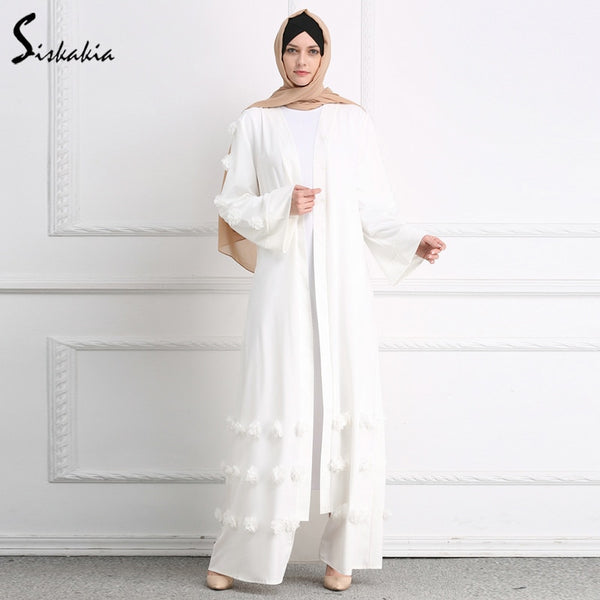 White abaya / L - Siskakia Muslim Woman Abaya solid 3D flower Design Cardigan Robes Brief Elegant Muslimah Ramadan Prayer clothing slim sash Tunic