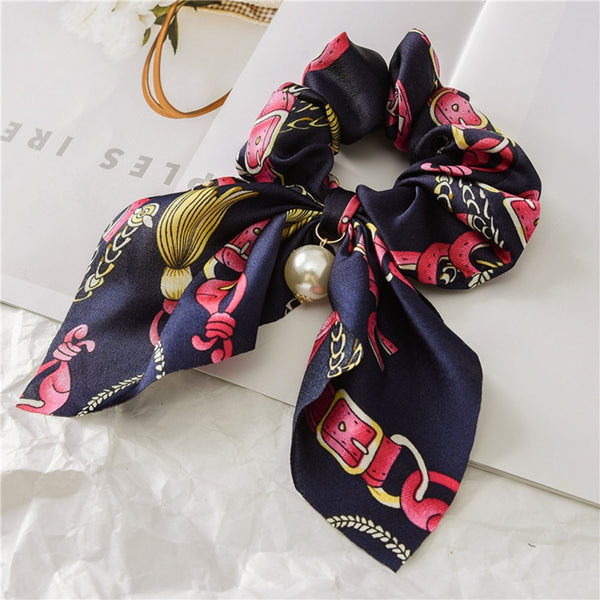 Navy Pearl 9 - New Chiffon Bowknot Elastic Hair Bands For Women Girls Pearl Scrunchies Headband Hair Ties Ponytail Holder Hair Accessories