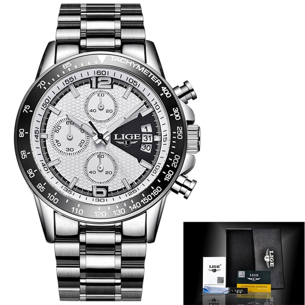 steel silver white - 2018 New LIGE Mens Watches Top Brand Luxury Stopwatch Sport waterproof Quartz Watch Man Fashion Business Clock relogio masculino