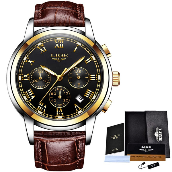 gold black leather - LIGE Watches Men Sports Waterproof Date Analogue Quartz Men's Watches Chronograph Business Watches For Men Relogio Masculino+Box