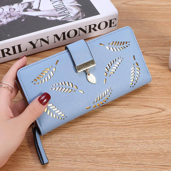 Blue - Women Wallet PU Leather Purse Female Long Wallet Gold Hollow Leaves Pouch Handbag For Women Coin Purse Card Holders Clutch