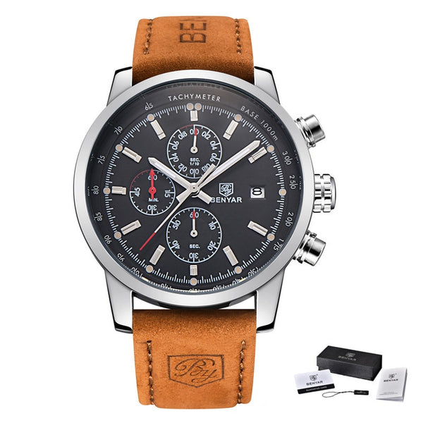 L Brown Silver black - BENYAR Fashion Chronograph Sport Mens Watches Top Brand Luxury Quartz Watch Reloj Hombre saat Clock Male hour relogio Masculino