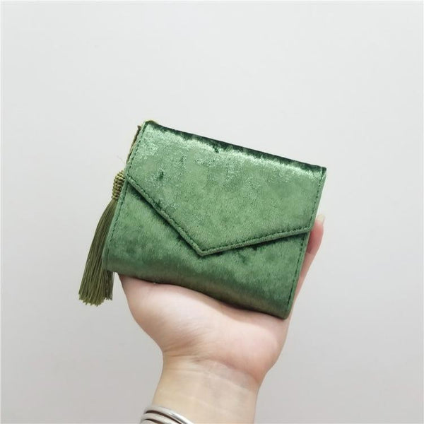 Green - Retro Velvet Envelope Tassel Small Women Wallet Trifold Mini Women Clutch Purse Brand Short Designed Ladies Wallet Card Holders