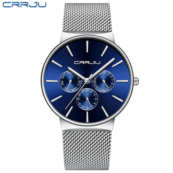silver blue - reloj hombre 2019 CRRJU Top Brand Luxury Men Watches Waterproof Ultra Thin Date Wrist Watch Male Mesh Strap Casual Quartz Clock