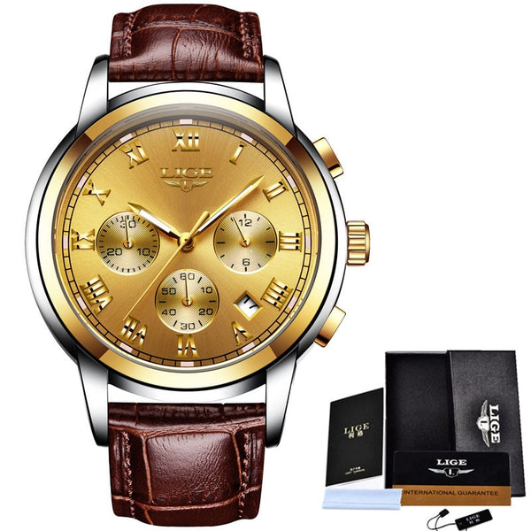 all gold leather - LIGE Watches Men Sports Waterproof Date Analogue Quartz Men's Watches Chronograph Business Watches For Men Relogio Masculino+Box