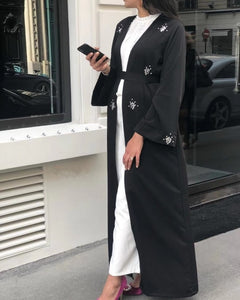 black / L - Muslim Diamonds Beading Cardigan Abaya Full Dress Kimono Long Robe Gowns Jubah Dubai Middle East Ramadan Arab Islamic Clothing