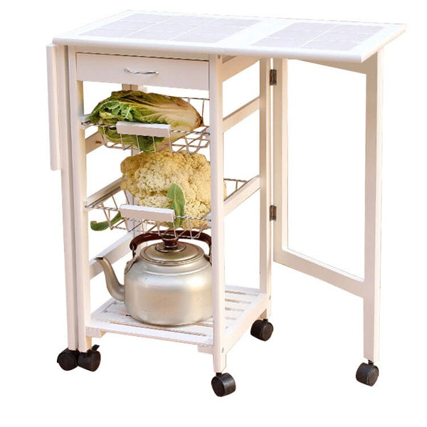 [variant_title] - Portable Folding Kitchen Rolling Tile Top Drop Leaf Storage Trolley Cart White