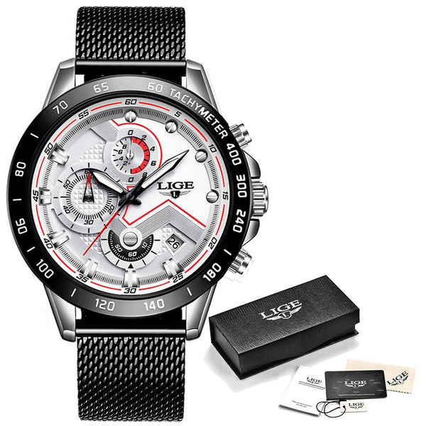 silver white - 2019 New LIGE Blue Casual Mesh Belt Fashion Quartz Gold Watch Mens Watches Top Brand Luxury Waterproof Clock Relogio Masculino