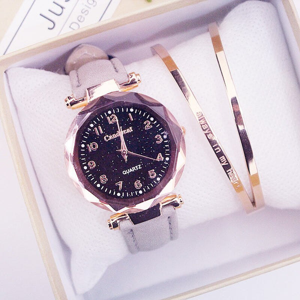 Grey Color - Quartz Wristwatches Fashion Starry Sky Women Watches Hot Sale Leather Ladies Bracelet Watch Casual Female Clock Relogio Feminino