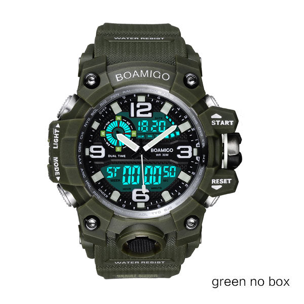 green no box - Men Sports Watches BOAMIGO Brand Digital LED Orange Shock Swim Quartz Rubber Wristwatches Waterproof Clock Relogio Masculino