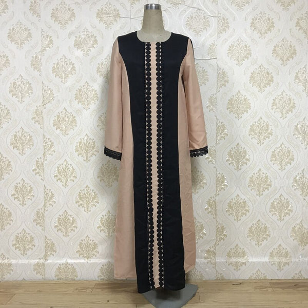 Black / L - F8849-5 Lace Long dress Women Arab Ladies Malaysia Abayas Muslim Robes