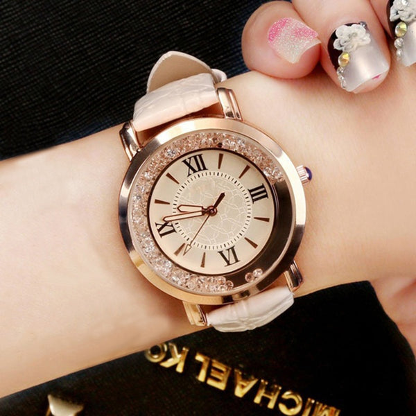 [variant_title] - New ladies watch Rhinestone Leather Bracelet Wristwatch Women Fashion Watches Ladies Alloy Analog Quartz relojes @F