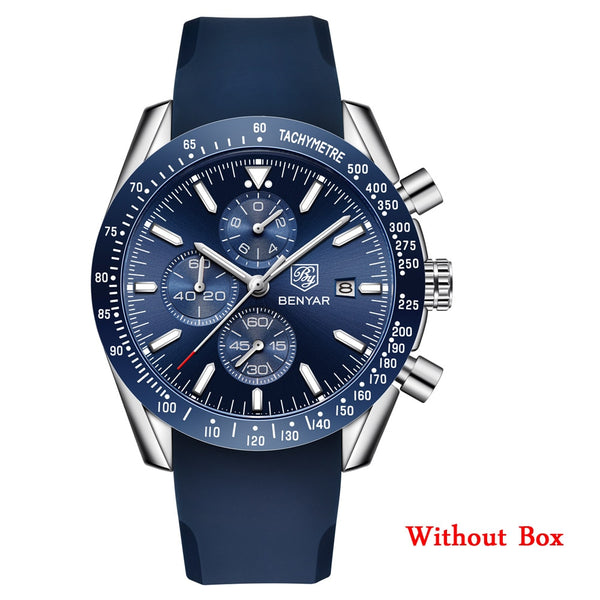 no box L Silve Blue - BENYAR Men Watches Brand Luxury Silicone Strap Waterproof Sport Quartz Chronograph Military Watch Men Clock Relogio Masculino