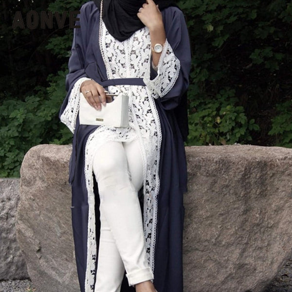 [variant_title] - Aonve Long Lace Red Abayas Islamic Women Djellaba Dubai Lace Turkish Robes Arab Ladies Open Kaftan Muslim Moroccan Black Abaya