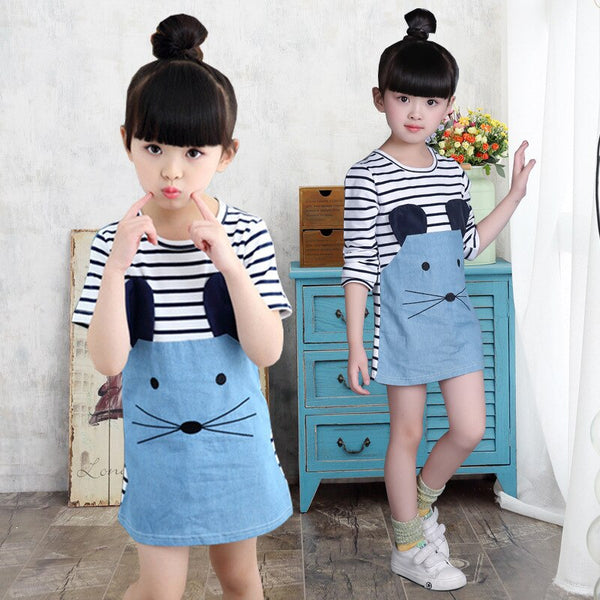 [variant_title] - Striped Patchwork Character Girl Dresses Long Sleeve Cute Mouse Children Clothing Kids Girls Dress Denim Kids Clothes