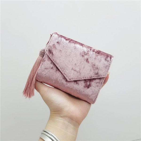 Pink - Retro Velvet Envelope Tassel Small Women Wallet Trifold Mini Women Clutch Purse Brand Short Designed Ladies Wallet Card Holders
