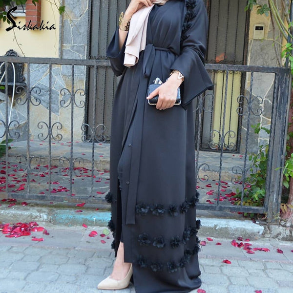 [variant_title] - Siskakia Muslim Woman Abaya solid 3D flower Design Cardigan Robes Brief Elegant Muslimah Ramadan Prayer clothing slim sash Tunic