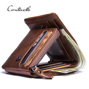 [variant_title] - CONTACT'S Genuine Crazy Horse Leather Men Wallets Vintage Trifold Wallet Zip Coin Pocket Purse Cowhide Leather Wallet For Mens