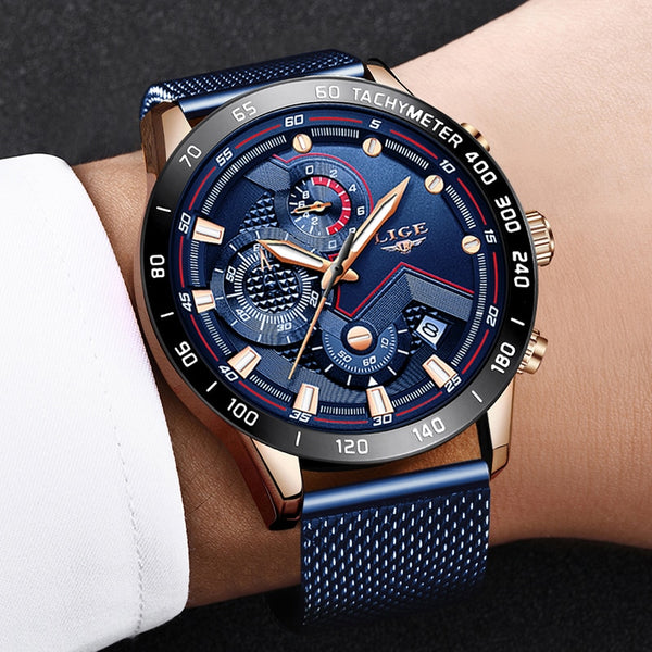 [variant_title] - 2019 New LIGE Blue Casual Mesh Belt Fashion Quartz Gold Watch Mens Watches Top Brand Luxury Waterproof Clock Relogio Masculino