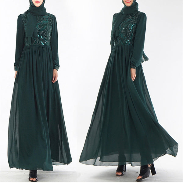 Green / L - Islamic Women's Embroidered Chiffon Abayas Muslim Long Sleeve Fashion Dress Arabic Dubai Turkish Women Clothing