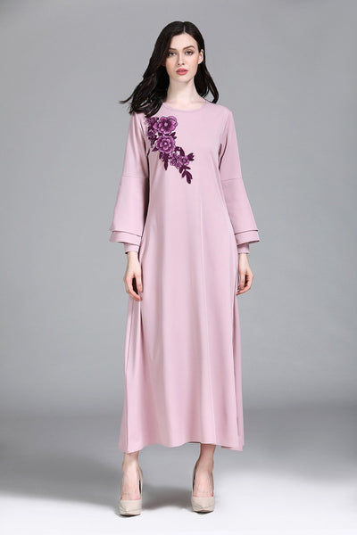 PINK / LARGE - Women Muslim Dresses 2Xl Plus Size Abaya Casual Floral Islamic Clothing Ladies Middle East Big Size Long Robes Office Lady 2019