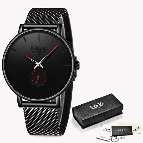 Black red - LIGE 2019 New Fashion Sports Mens Watches Top Brand Luxury Waterproof Simple Ultra-Thin Watch Men Quartz Clock Relogio Masculino